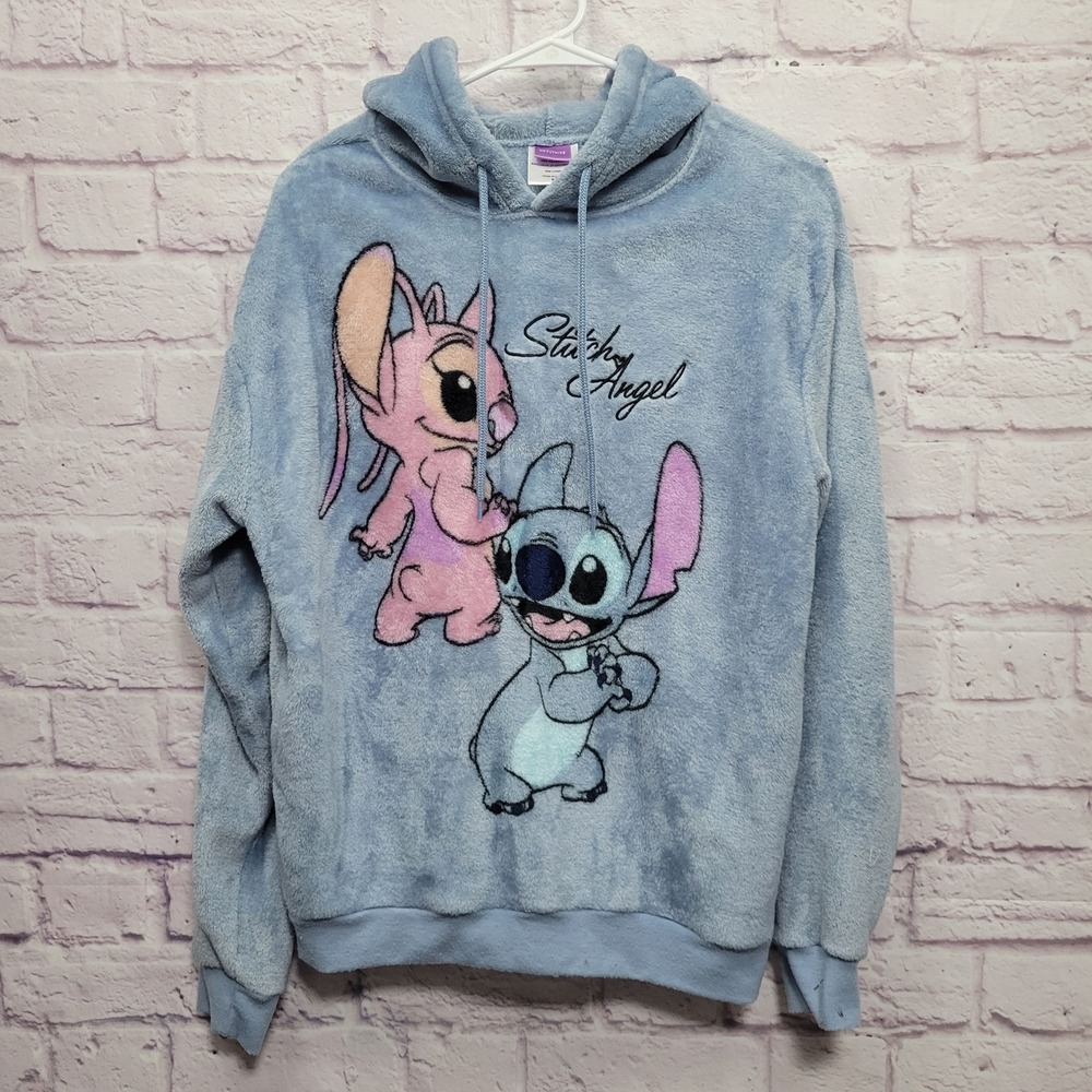 Disney Stitch & Angel Fleece Hoodie Adult Size M Soft Pullover Cute Lounge Comfy
